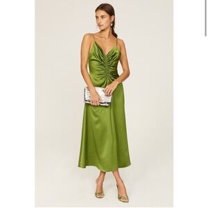 Sandro Olive Green Satin Ruched Midi Dress